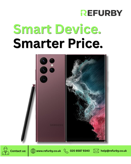 Refurby refurbished Samsung smartphone promotion featuring premium Samsung Galaxy device with smart device smarter price messaging.
