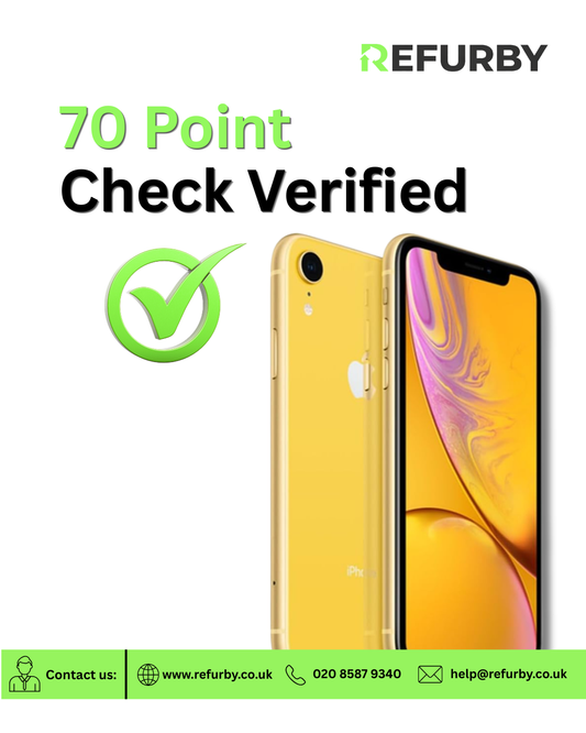 Refurby 70-point verification process for refurbished phones, ensuring every device is professionally tested and quality checked before sale.